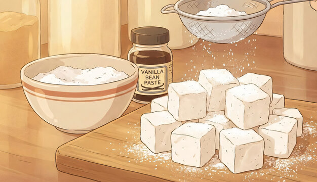 Baking ingredients background with sugar cubes vanilla bean paste and flour sifter