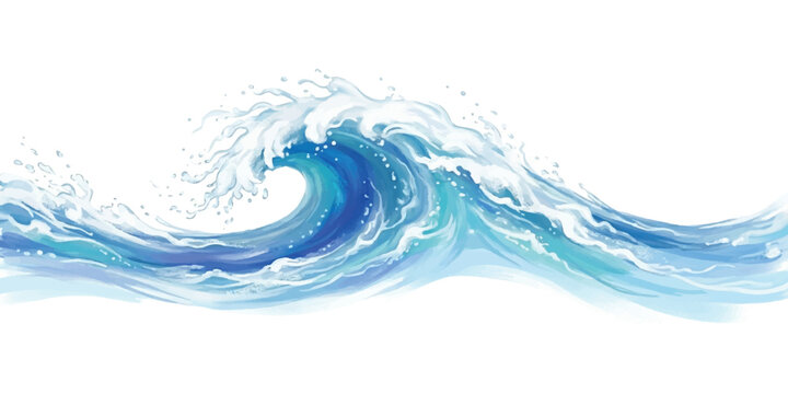 A single crashing ocean wave with white sea foam and swirling blue water currents isolated on a white background in a painterly digital style
