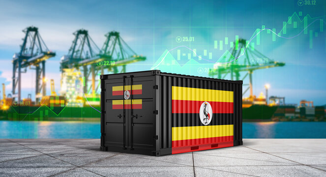 Uganda's Cargo Container: A cargo container boldly displays the Ugandan flag, set against a dynamic backdrop of a bustling port and financial charts.