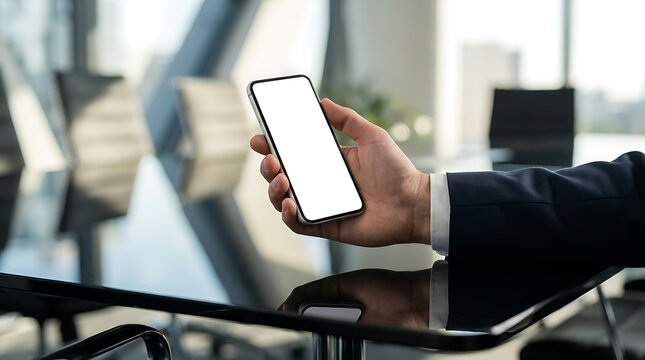 Businessman holding smartphone with blank white screen for mockup in modern office glass table background professional corporate digital technology