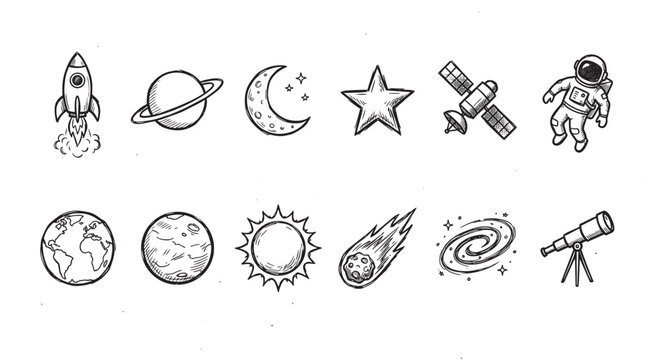 A collection of black and white hand drawn icons representing space objects like planets, rockets, astronauts, and galaxies, perfect for educational or whimsical designs.