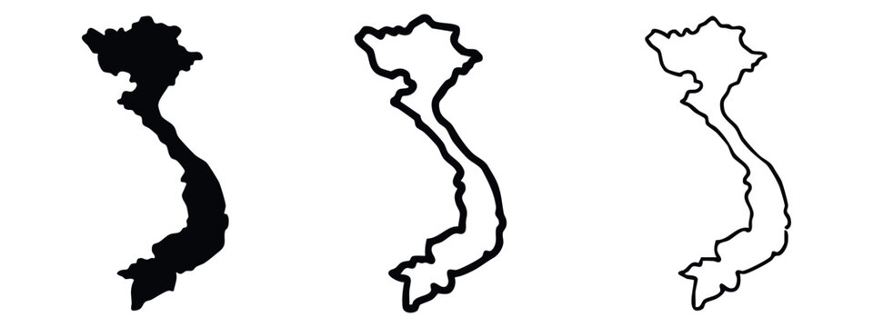Vietnam country map silhouette, outline, and thick outline on white background