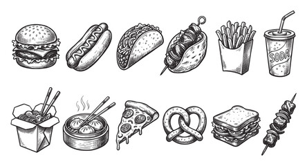 Obraz premium A collection of black and white hand-drawn illustrations of various fast food items like burgers, tacos, and pizza, perfect for design projects.