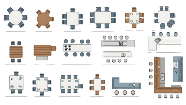 Top View Restaurant Furniture and Layout Symbols Vector Set Tables Chairs Kitchen Counters Bar Setup Flat Minimal Hospitality Floor Plan Design