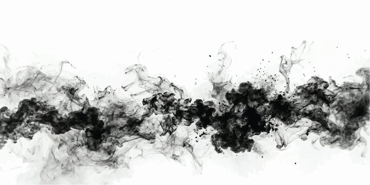 Black ink swirling in water creating a horizontal cloud of dark smoke and wispy plumes against a solid white background