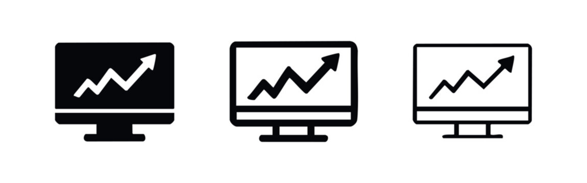 Computer monitor with growing graph icon set, for finance or success