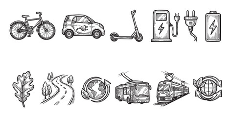 Fototapeta premium This black and white sketch collection features icons of eco-friendly transportation, including a bicycle, electric car, scooter, bus, and train, alongside energy symbols like a charging station,plug.