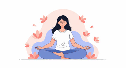 Obraz premium Woman meditating peacefully in lotus pose surrounded by flowers.