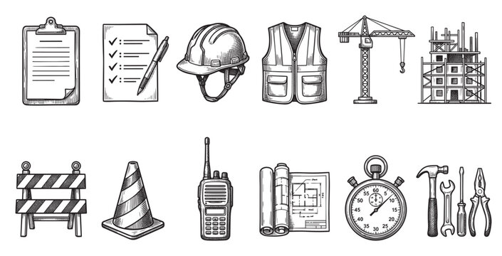 A collection of hand-drawn icons depicting essential construction elements like safety gear, blueprints, tools, and a crane, presented in a sketch art style on a white background.