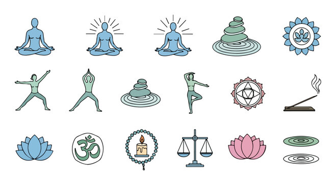 Yoga and meditation icon set, 15 spiritual wellness vector elements, zen lifestyle symbols for mindfulness and mental health apps