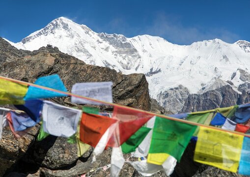 Mount Cho Oyu peak prayer flags Nepal Himalaya mountain