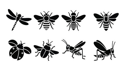 A collection of black silhouette insect icons depicting a dragonfly bees ladybug beetle and grasshoppers high quality professional detailed modern elegant © JASMIN