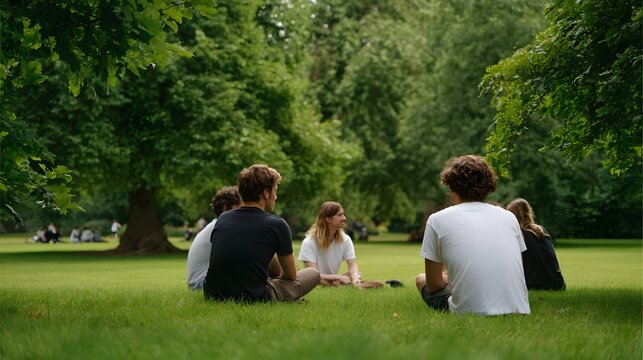 A diverse group of people sharing a relaxed conversation on a lush green lawn surrounded by mature park trees