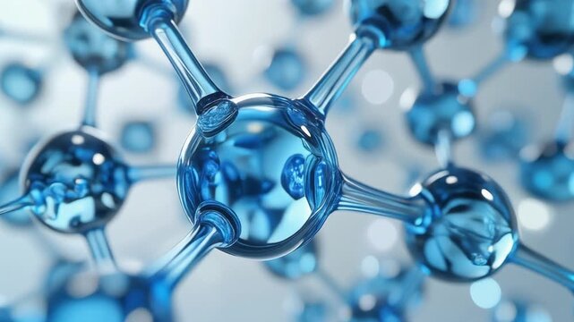 A detailed close-up view of a molecular structure with several blue metallic spheres connected by rods in a scientific setting.