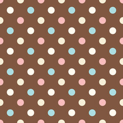 Brown background with pastel polka dots in soft tones. Cozy retro style seamless pattern perfect for fabric, wrapping paper, packaging, and vintage-inspired designs. © MedReda