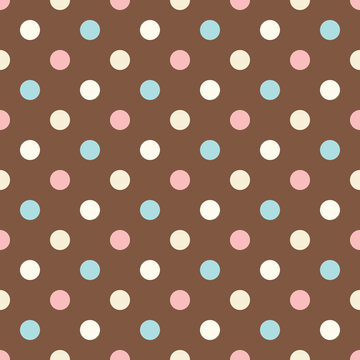 Brown background with pastel polka dots in soft tones. Cozy retro style seamless pattern perfect for fabric, wrapping paper, packaging, and vintage-inspired designs.