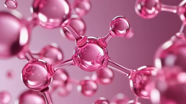 A detailed close-up view of pink molecular structures floating in a gradient purple environment.