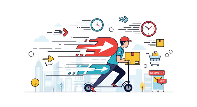 Fast delivery service vector illustration, courier riding electric scooter with cardboard box, express shipping concept with speed motion lines and clocks