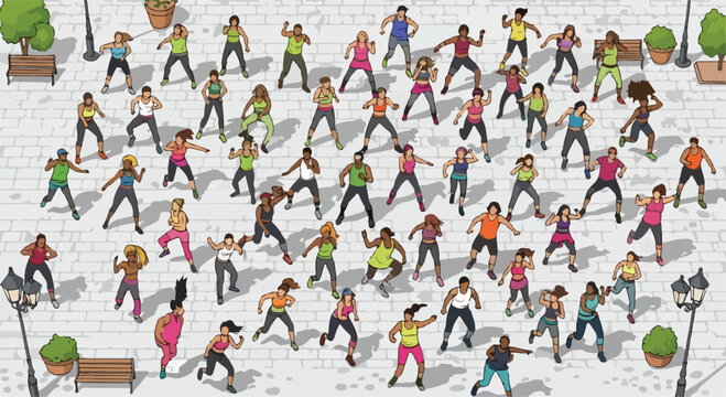 Outdoor group fitness dance class in public park, diverse people exercising in zumba workout session, isometric vector illustration of community aerobics