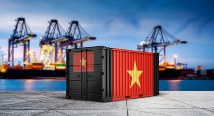 Vietnam Import-Export: A striking shot of a vibrant container, emblazoned with Vietnam's national emblem, positioned in a bustling shipping port. © bao