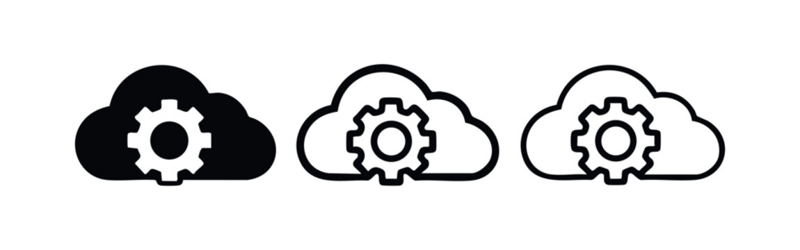 Cloud computing settings icon set with gear and cog symbols in outline and solid styles