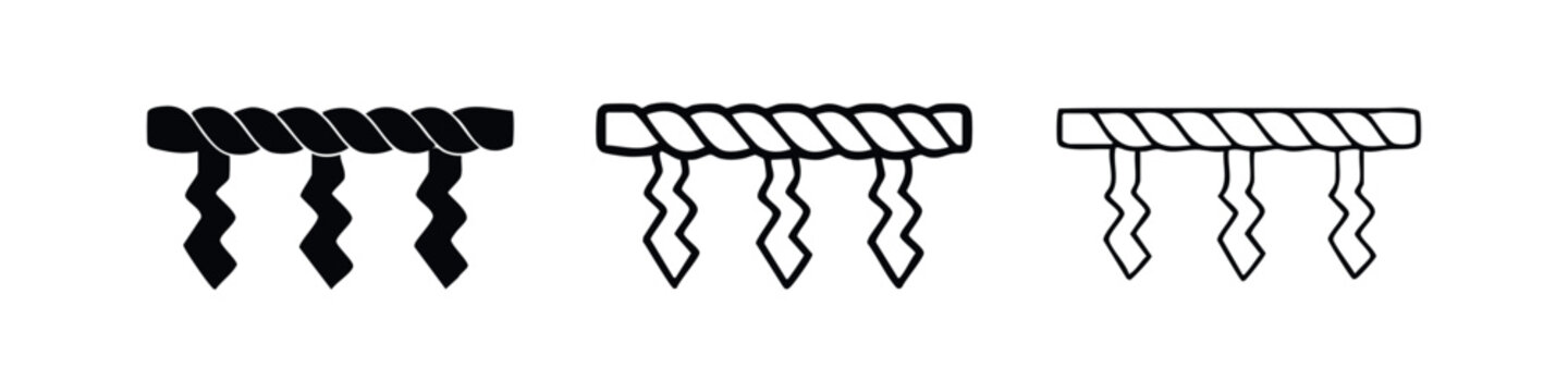 Sacred shimenawa rope and shide streamers icon set for shinto purification rituals in outline and solid styles