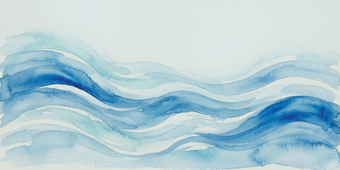 Fototapeta premium Abstract watercolor painting featuring layered flowing waves in shades of blue and azure on a white paper background with visible brush strokes and paint texture