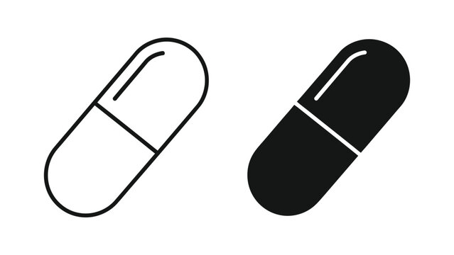 Black and white capsule pill icons for medical and health concepts