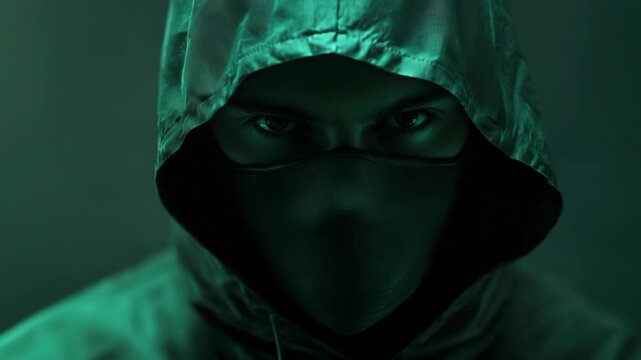 Mysterious thief with cloaked and masked face wearing a sinister outfit, looking into the camera as if plotting. Dark, dramatic night setting adds to the intrigue.