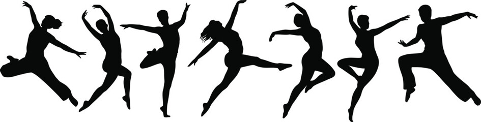 Seven black silhouettes of dancers in various ballet poses © MDRAJU