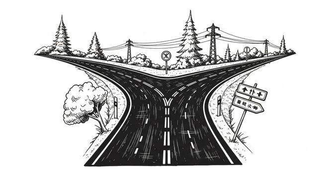 Fork in the road illustration showing two paths diverging into a landscape.