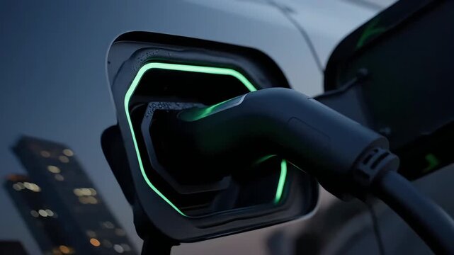 Electric Vehicle Charging Port Macro at Night with Neon LED Glow