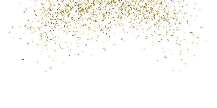 Falling gold glitter particles scattered on a white background creating a festive celebration border effect with metallic yellow confetti pieces floating downwards in a random pattern