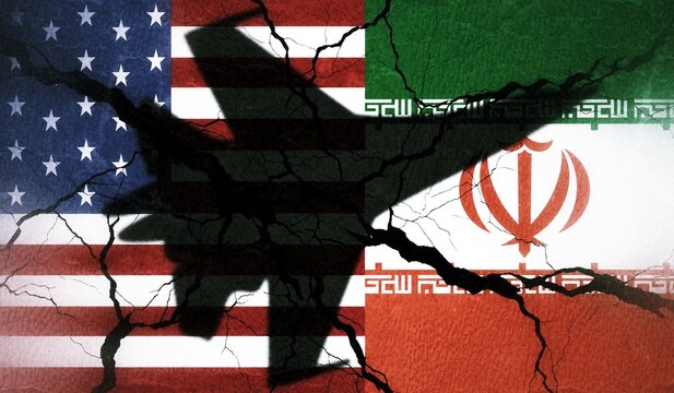 Shadow of fighter jet flying against flags of USA and Iran showing signs of war and destruction. Middle East geopolitical conflict between USA israel and Iran. World oil crisis and fears of World war.