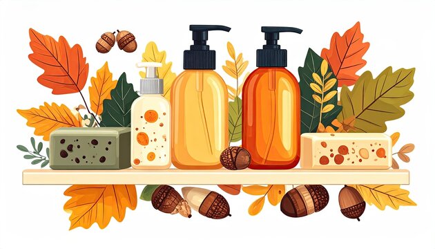 Autumnal Bath Products and Natural Elements Displayed on a Shelf.