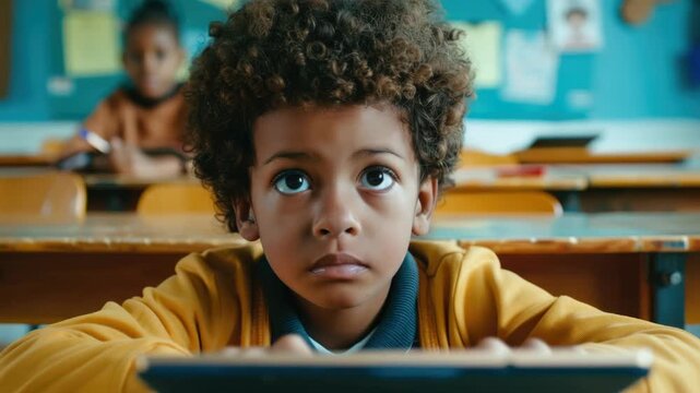 A student in a classroom using a tablet or computer for learning.