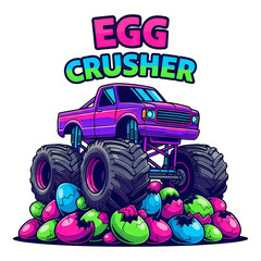A purple monster truck crushing colorful eggs illustration isolated on a transparent background © Creative Gfx Arts