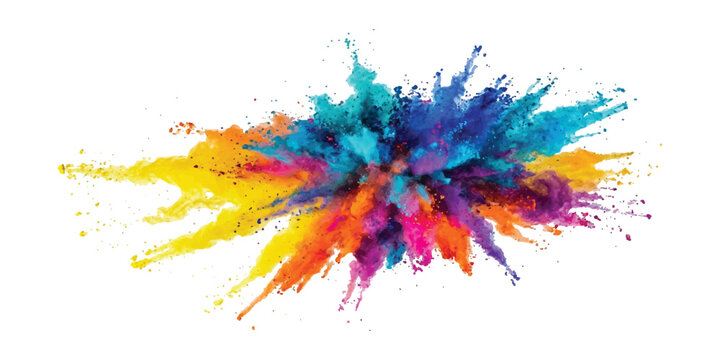 Vibrant explosion of multicolored powder particles scattering outward against a clean white background featuring yellow orange pink blue and turquoise pigments in a dynamic radial burst pattern