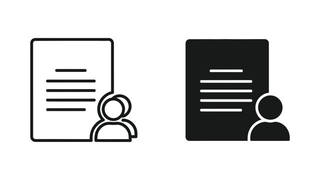 Black and line icons of document with person for user profile or identity verification