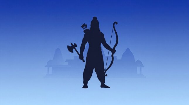 Parshuram jayanti poster illustration with silhouette of hindu deity with bow and axe.