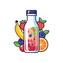 Obraz premium A bottle filled with fresh mixed fruit juice stands surrounded by organic strawberries and bananas as a healthy drink option for people looking to improve their daily.