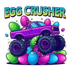 A purple monster truck crushing colorful eggs illustration isolated on a transparent background © Creative Gfx Arts