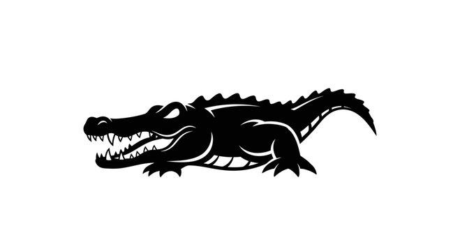 Silhouette of a fierce alligator with open jaws and sharp teeth, isolated on white background
