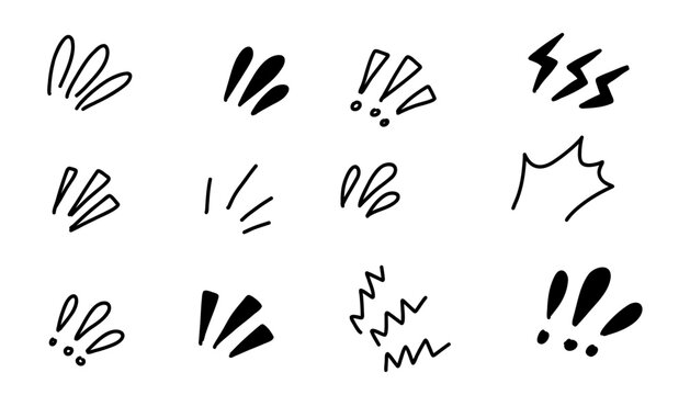 Doodle set of idea and exclamation symbols with explosion bursts in a comic manga style, perfect for expressing emphasis, attention, and dynamic visual effects in creative designs. Vector illustration