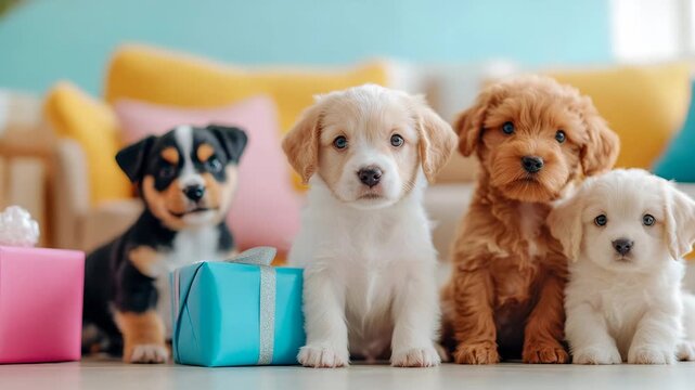 Four Adorable Puppies Gathered Around Colorful Gifts, Anticipating Joyful Celebration with Their Sweet Expressions and Soft Fur