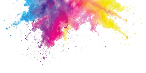 Fototapeta premium Vibrant explosion of multicolored powder paint in shades of blue magenta and yellow scattering against a plain white background with fine particles and liquid like splashes