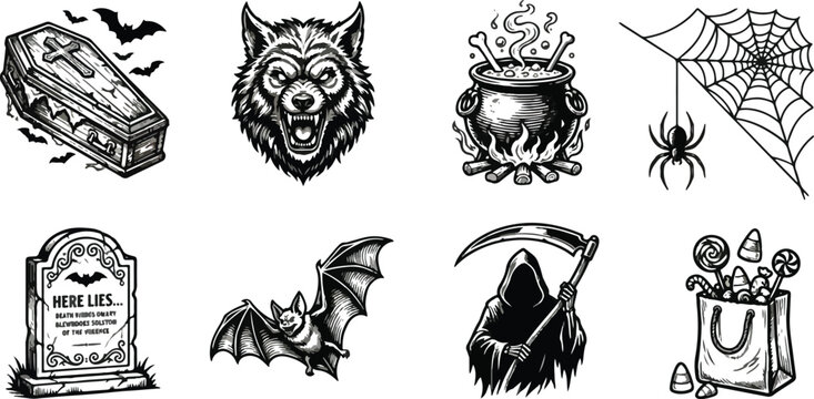 Halloween 2026, Vintage black and white Halloween icon set featuring engraved style illustrations of a coffin, werewolf, cauldron, reaper, and tombstone