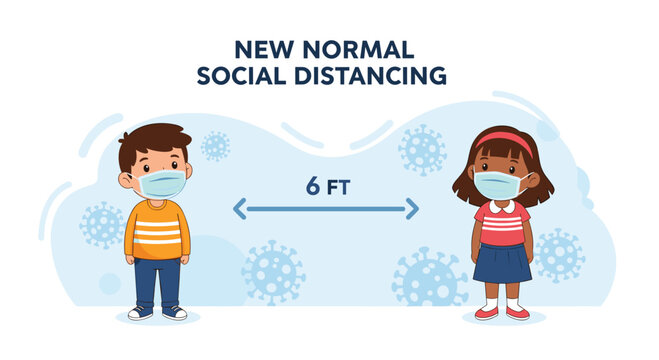 School children wearing protective face masks and keeping social distance to prevent the spread of virus in the new normal lifestyle.