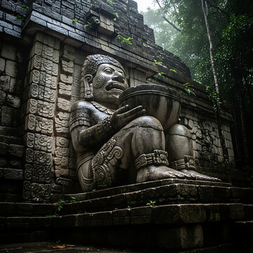 Ancient stone Chac Mool statue reclining in temple ruins isolated on transparent background