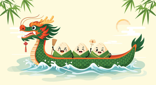 Cute zongzi characters rowing a dragon boat with traditional elements to celebrate the dragon boat festival on the river water.